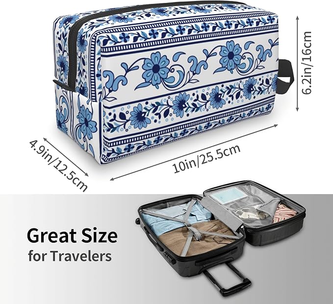 Blue & White Aesthetic Makeup Bag - Durable 600D Oxford Fabric Travel Cosmetic Bag, Shockproof Foam Padded Toiletry Organizer for Gym & Daily Use 10x6.2x4.9 Inch