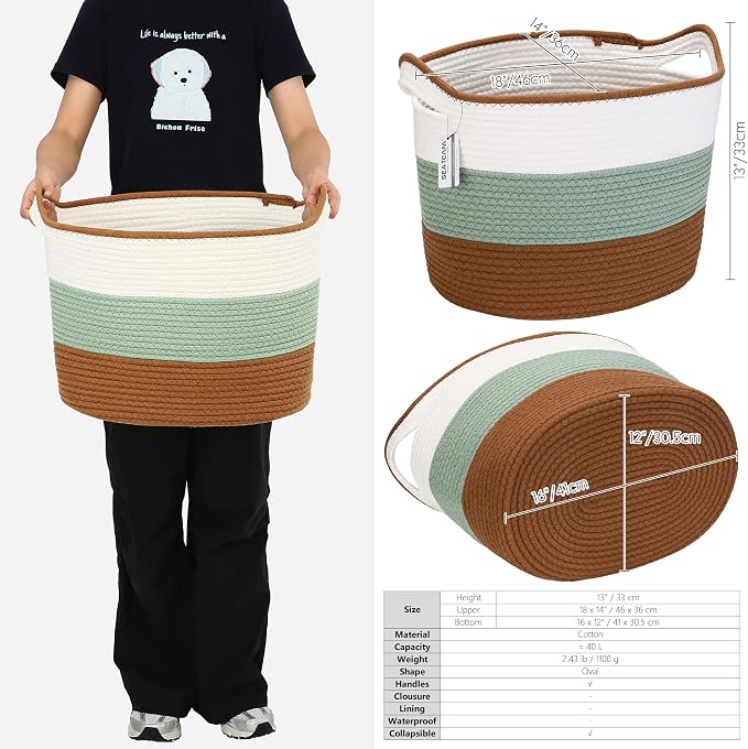 Sea Team Large Woven Cotton Rope Laundry Basket with Handles, 16 x 13 in | Collapsible Knitted Hamper, Closet Shelf Organizers, Containers for Clothing, Blankets, Toys, Bedding, Green & Brown