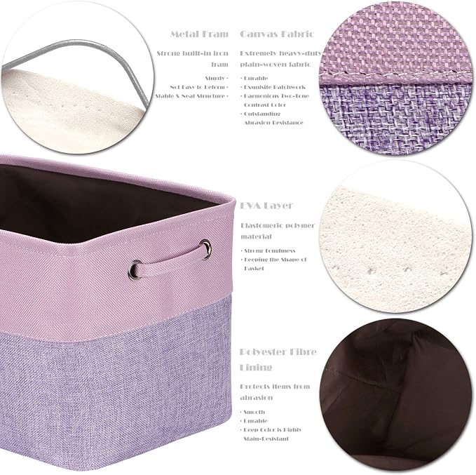 Sea Team Large Rectangle Canvas Open-Top Storage Baskets, 3-Pack | Collapsible Fabric Storage Bins with Handles, Closet Shelf Organizers, 15 x 10 x 10 Inches, Lavender & Orchid
