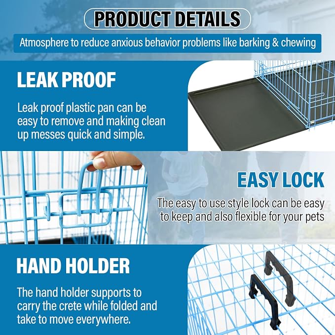 Dog Crate Dog Cage Dog Kennel Outdoor Metal Wire Double-Door Folding Pet Animal Pet Cage for Small Dog 24 inches with Plastic Tray and Handle,Blue