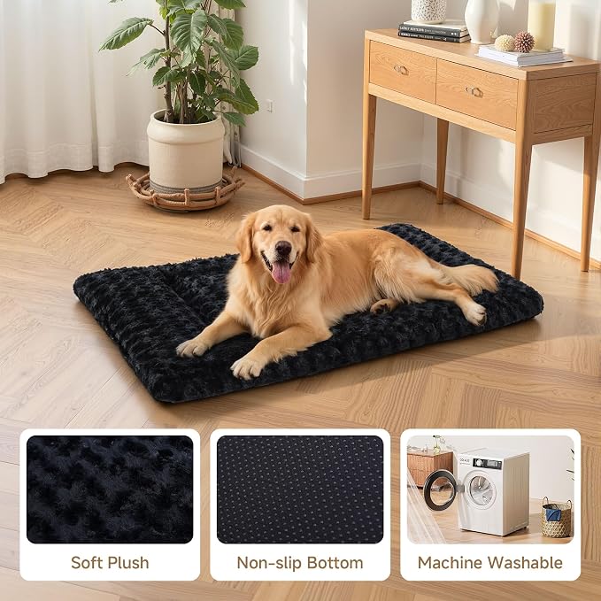 Exsnugy Washable Dog Bed Mat Medium Size Fluffy Pet Crate Pad 30x19 | Non-Slip Bottom Kennel Beds Ultra Soft Comfy Sleeping Mattress for Large Medium Small Dogs Black