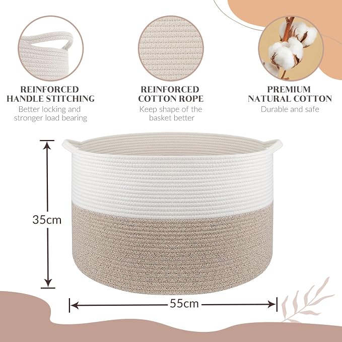 Maliton Woven Rope Blanket Basket Living Room, Storage Basket for Toy, 90L | 22"x14" Cotton Rope Basket. Holds blankets, Toys & Towels & Laundry. For Bedroom, Nursery, Bath & Playroom. Soft & Durable