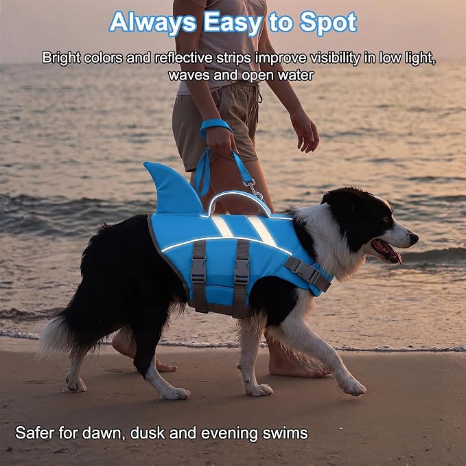 Dogcheer Dog Life Jacket Shark, Dog Life Vest with Rescue Handle - Blue,L | Adjustable Dog Harness Swim Vest for Swimming Boating, Reflective Pet Floating Device PFD for Small Medium Large Dogs