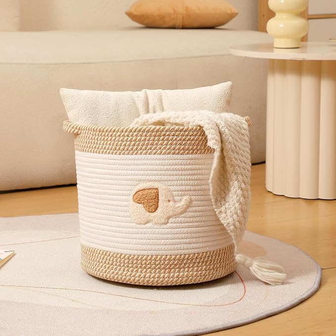 Toy Storage Baskets Woven Cotton Rope Storage Basket for Kids, Blanket Baskets for Living Room Toy Basket Box Toys Organizer with Embroidery Decor Cute Baskets for Nursery, Playroom (Elephant)