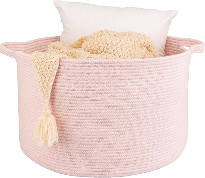 XUANGUO Extra Large Cotton Rope Round Storage Basket 22" x 14" Pink | Woven basket for blankets, toys, towels, laundry, nursery, living room and pet toy storage.