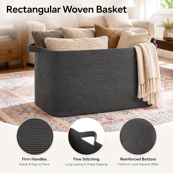OIASKET 108L Extra Large Blanket Basket Living Room, 24.8" x 16.2" x 16.2" | Rectangle Woven Laundry Hamper, Nursery Blanket Storage Living Room, Toy Storage With Handle, Large Baskets for Organizing
