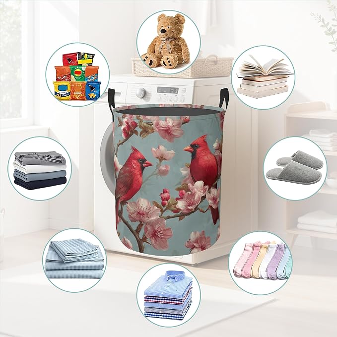 Laundry Basket With Handle, Dirty Clothes Laundry Hamper, Oxford Cloth Bin Storage Organizer for Toy Collection (Spring Cardinal Bird)