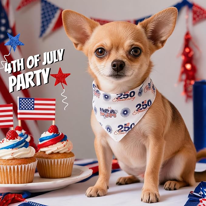 250th Anniversary Dog Bandana, American Flag Triangle Scarf, Adjustable Snap Button Patriotic Neckwear for Small & Medium Breeds (5-30lbs)