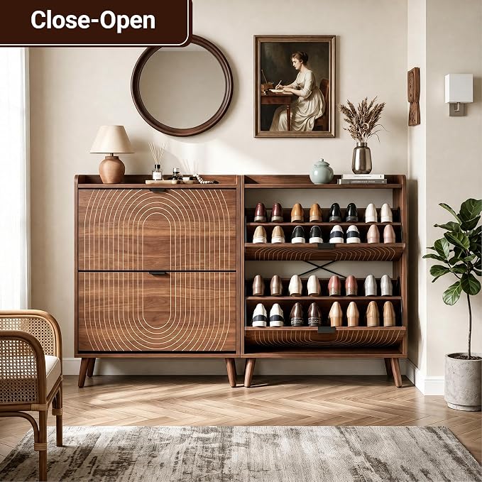 Arch-Chic Shoe Cabinet for Entryway with 2 Flip Door | Farmhouse, Walnut color, Adjustable shelves, Tabletop guardrail, Freestanding shoe storage cabinet, for Entryway/hallway