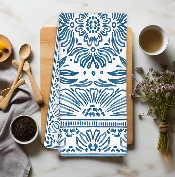 Vintage Boho Blue Floral Kitchen Towels Decorative, Art Deco Botanical Dish Towels, Blue and White Cottagecore Hand Towels Drying Cloth for Kitchen Bathroom Decor, 16x24 Inch