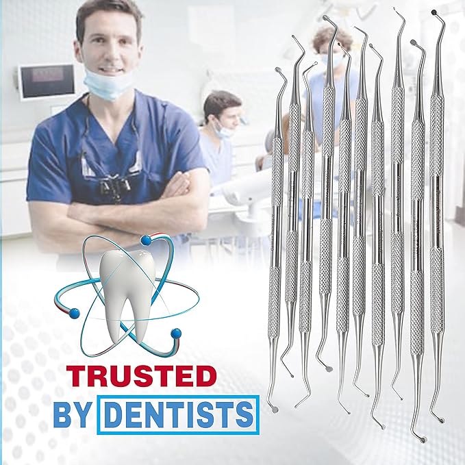 Professional Dental Tools Dental Picks Oral Care, Stainless Steel Hygiene Kit Set with Tooth Scraper Tartar Scaler Tweezers Mouth Mirror for Personal & Pet Oral Care Use (Excavator Set of 10 Pcs)