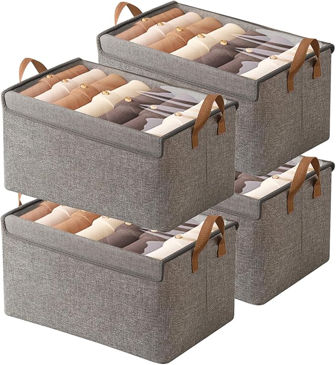 AARAINBOW Closet Clothes Organizer Bins 4 Pc, Fabric Box Storage Shelf Bins Stackable, Foldable Closet Shelf Storage Container with Lid, Fabric Storage Bin with Steel Frame, 23L (4 Gray with Lid)