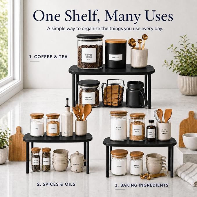 Ibyx Shelves Organizer Set of 2 - Kitchen Cabinet Organizers and Pantry Storage - Bamboo Top & Brass-Effect Metal Legs - Stackable Shelves for Kitchen Counter & Cabinets with 22 lb Capacity - Black