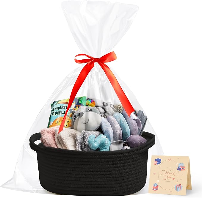 Bufims Small Woven Black Gifts Basket for Storage Empty with Ribbons and Bags Durable Cute Gifts 12"X 8" X 5" Small Rope Basket for Gifting