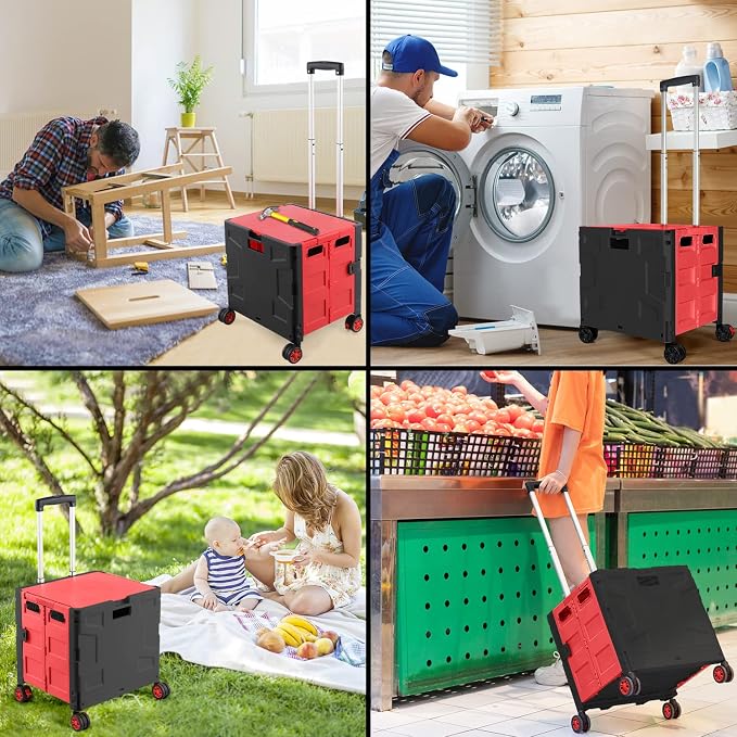 Foldable Shopping Utility Cart Portable Rolling Crate Handcart with 360°Rotate Wheel,Hidden Lid,Telescoping Handle Collapsible for Travel Shopping Moving Storage Office Use(Black/Red)