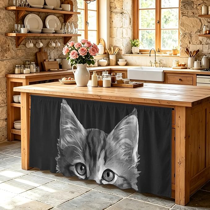Black Cat Cabinet Curtain 28"Wx51"L,Dustproof Storage Cabinet Curtain with Self Adhesive Tape,Cute Pets Eyes Fur Vintage Oil Painting Tall Pantry Cover Drape for Kitchen,Laundry Room,Utility Closet