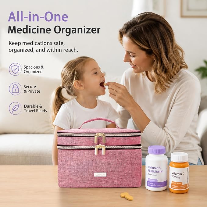 Lexeeco Travel Medicine Pill Bottle Organizer Bag with Portable Small Pouch | Medication Case with Lockable Zipper for Pill,Vitamin,Medicine Storage Box for College Dorm Student,Home,First Aid Bag Empty
