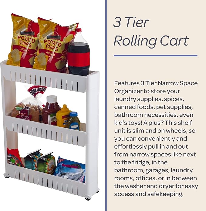 Lavish Home 3 Tier Shelf Rolling Cart, White, 19.5” x 5” x 28”