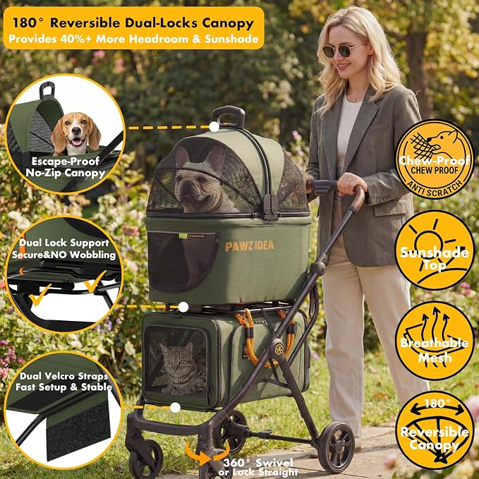 PAWZIDEA Double Pet Stroller with 2 Detachable Carrier for Multiple Pets | Portable Travel Crate & Car Seat Combo & TSA-Approved Expandable Carrier, Foldable Jogger Stroller for 2–4 Cats or Small Dogs