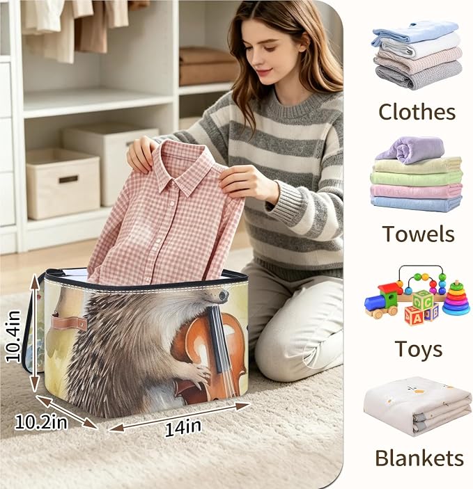 Hedgehog Jungle Animal Foldable Storage Bin with Lid Zipper | Closet Shelf Organizer, Boxes, Basket Containers for Home, Lidded Storage Cube for Bedroom, Waterproof, with Handles