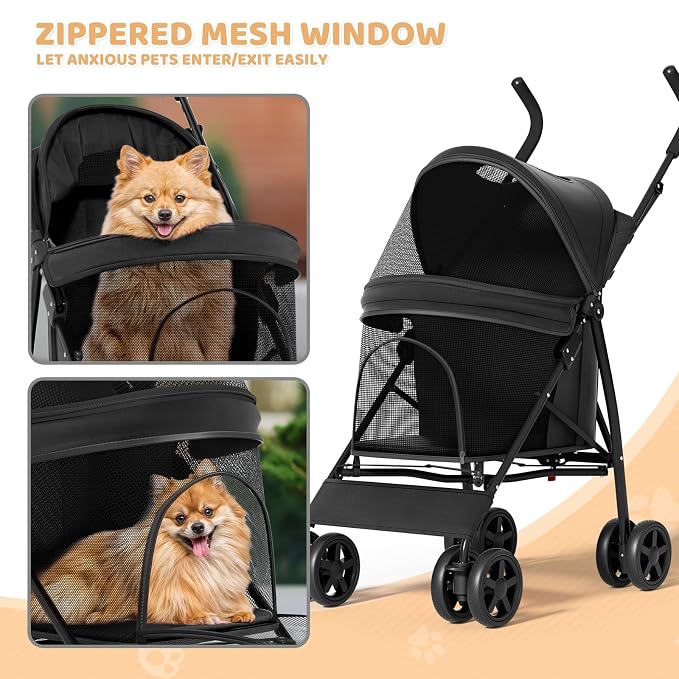 Magshion Compact Fold Pet Travel Stroller for Small Dogs Cats, Black | Up to 22lbs, 4-Wheel Lightweight Umbrella Shaped Design, Safety Tethers, Breathable Mesh, Cup Holder & Rear Storage