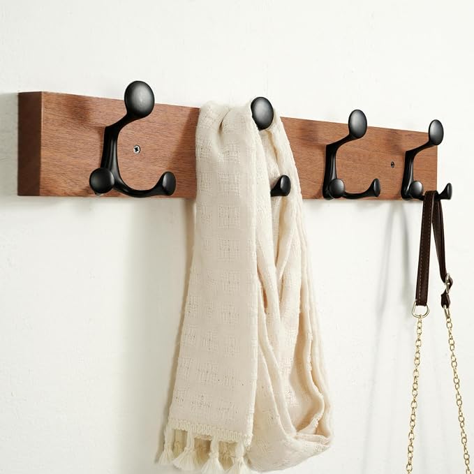 SKOLOO 24-Inch Wood Coat Rack Wall Mount with 4 Triple Hooks - Ideal for Family Entrances, Classrooms, and Pet Supplies Storage - Perfect Coat Hooks for Wall,Mahogany (Sapele), Pack of 2