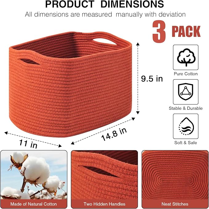 Storage Baskets for Organizing Shelves, Woven Cotton Rope Basket for Storage, Dog Toy Baskets Storage Kids, Cute Shelf Basket for Living Room Bedroom, 14.8"×11"×9.5", Pack of 3, Brick Red