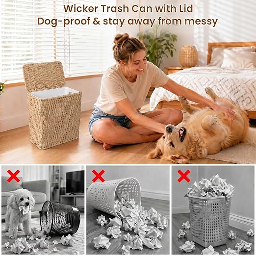 Wicker Trash Can,3 Gallon Bathroom Trash Can with Lid,Handwoven Paper Rope Rattan Waste Basket with Removable Liner and Built-in Handles for Bedroom,Toilet,Narrow Spaces,Natural