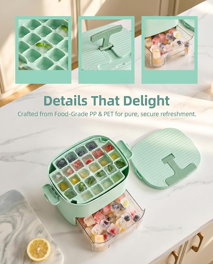 Press-Type Ice Cube Tray 52-Grid Mold with Storage Bin, Mint Green | Food-grade PET, odor-free lid, portable handle, includes scoop, easy release, for freezer, home bar, whiskey, cocktails