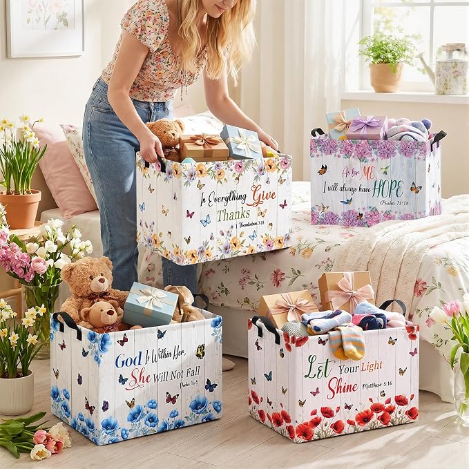 4 Pcs Christian Floral Storage Basket for Gifts Large Bible Verse Butterfly Floral Storage Bins with Handles 15 x 10 x 8 Fabric Inspirational Collapsible Organizer Boxes for Home Clothes Toys