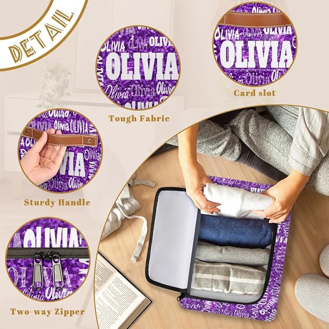 Custom Name Storage Bin with Lid Zipper, Personalized Rectangular Storage Basket with Handles for Organizing Girls Toys Office Closet Shelf Baskets, Bright Color Purple Sequins Pattern Print