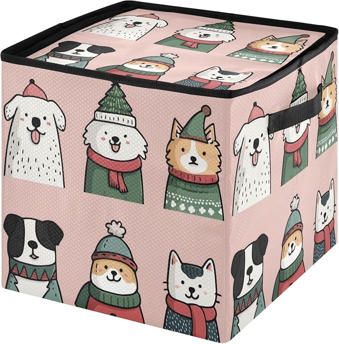 OTVEE Christmas Ornament Storage Box Holiday Decoration Organizer Stores upto 64 Holiday Ornaments Adjustable Dividers Tear-Proof Fabric Whimsical Pet Art