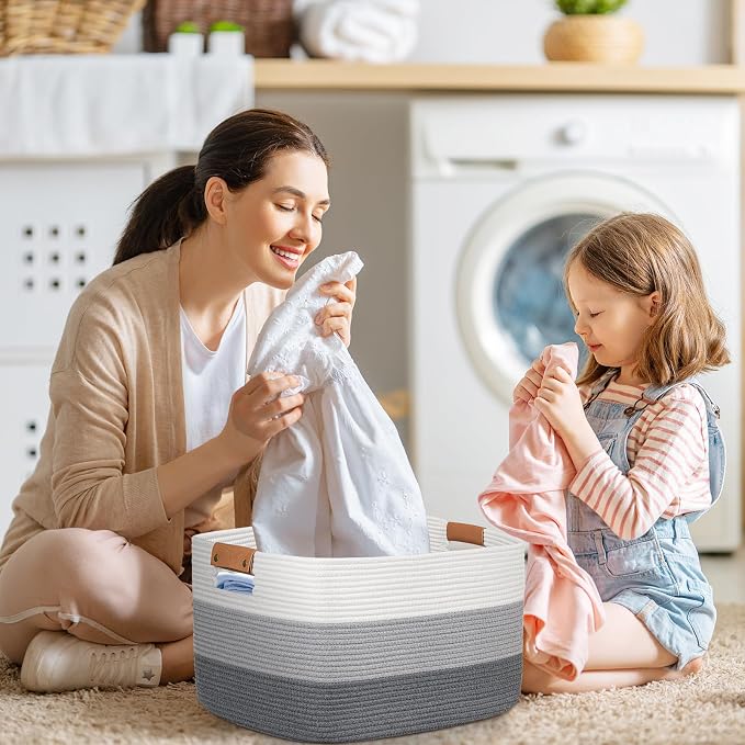 danpinera Rectangle Blanket Storage Basket, 50L Large Decorative Basket Living Room, Storage Bin with Handle, Woven Rope Hamper for Toy Organizing & Laundry, 18.11’’*14.17’’*11.81’’ Gradient Grey