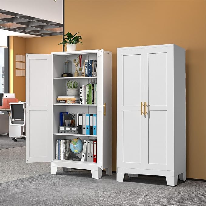 White Metal Storage Cabinet, 61" Kitchen Pantry Cabinets for Office | Steel Kitchen Pantry Storage with Doors and 3 Adjustable Shelves, Metal Tool Cabinet, for Office, Home, Garage, School