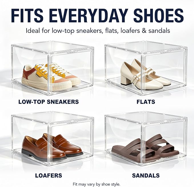 12 Pack Clear Acrylic Shoe Boxes Fit Size 12, Front Door for Small Closets | 10.2 x 13.4 x 7.5 in stackable shoe display case for apartments, dorms, entryways and compact closets. Fits up to US size 12