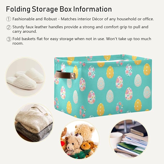 Wamika Happy Easter Day Eggs Storage Basket Fabric Laundry Baskets Easter Rabbit Bunny Spring Storage Boxes Organizer Bag for Baby Cloth Dog Toy Book Storage Cubes Shelf Closet Bins 16×12×8 Inches