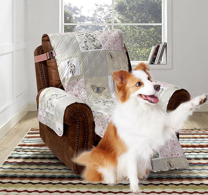 Brilliant Sunshine Grey Cupid & Pink Roses Couch Recliner Cover, 28" seat | Quilted Sofa Cover, Living Room & Bedroom Furniture Protector, Large Washable Reclining Chair Slipcover for Pets, Dogs & Cats