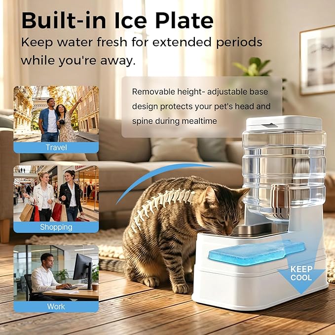 Automatic Cat Feeder and Water Dispenser with Stainless Steel Bowl with Ice Pack Gravity Food Feeder and Waterer Set Feeding Raised Bowls with Filter for Dog 1.3 Gallon x 2(White)