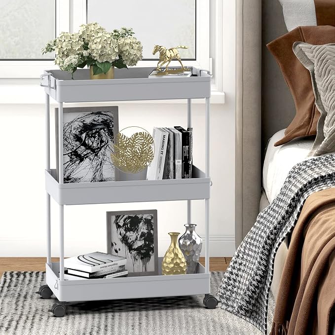 3 Tier Rolling Cart with Wheels, Storage Craft Art Trolley Organizer Serving, 3 Hanging Baskets Easy Assembly, for Office, Living Room, Kitchen, Gray