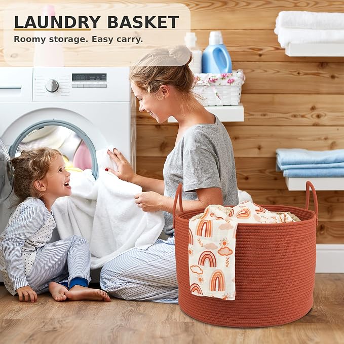 XUANGUO 66L Large Blanket Basket, Round Cotton Rope Basket, Rustic | 20" x 13" Laundry Basket with Sturdy Handles for Blankets, Pillows and Toys; Storage for Living Room, Bedroom and Nursery