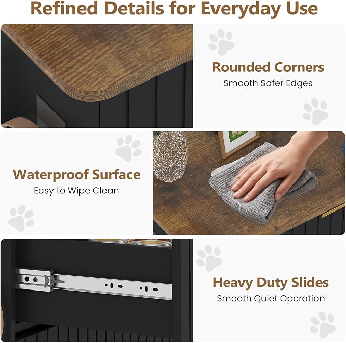 Dog Feeding Station Cabinet, Elevated Feeder Bowl, Black, Classic Panel | Slow Feeder Insert, Large food bin, Removable Divider, 3 Side Hooks, Pull-Out Drawer, Easy to Clean for Small & Middle Dogs