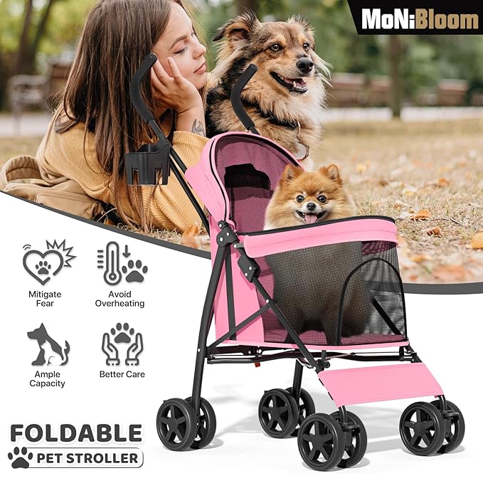 MoNiBloom Pet Stroller for Small/Medium Dogs and Cats up to 22 lbs, Pink | Foladble 4 Wheels Easy-Fold Puppy Cage Jogger Stroller with Sun Cover, Pad and Rear Storage Bag, Breathable and Visible Mesh