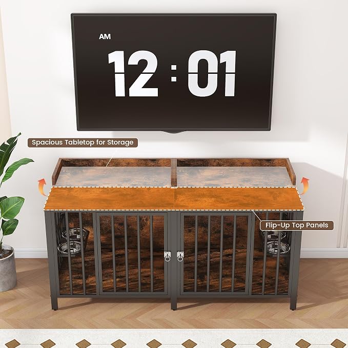 BOINN 63 Inch Dog Crate, Large Dog Crate for 2 Dogs, Dog Kennel Indoor for Medium/Small Dogs with Top Access Door, XL Wooden Dog Cage with 360 Degree Rotatable Stainless Bowls, Heavy Duty Steel Frame