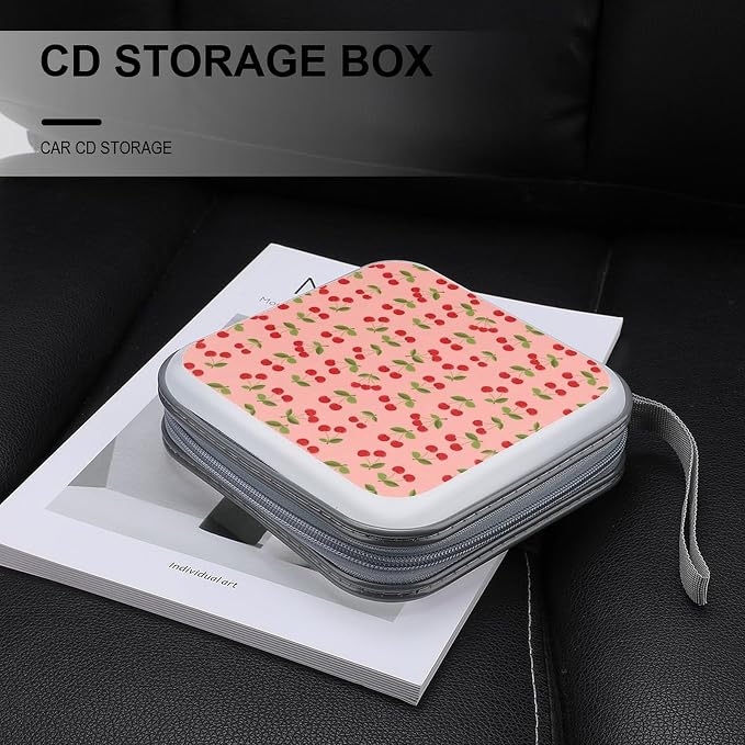 Hard Shell DVD CD Organizer Pink Cherry Fruit Theme Cherries, 40-Disc Storage Binder with Zipper Closure, Portable Protective Case for Travel Home