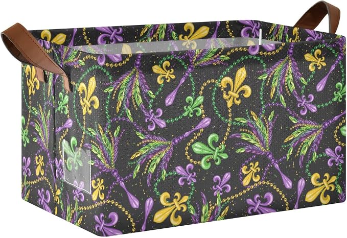 Mardi Gras Fleur De Lis Beads Gold Purple Storage Basket Foldable Cube Storage Bins with Handles&Label Holiday Empty Gift Box Collapsible Organizer Bin Large Decorative Baskets for Shelves Home Room