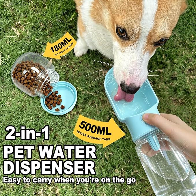 Blue Large Portable Dog Water Bottle with Food Container | Travel Dog Water Bowl(500ml),Food Container(180ml),Leak-Proof,2-in-1 Pet Essential Outdoor Supplies for Walks Hikes Campsites