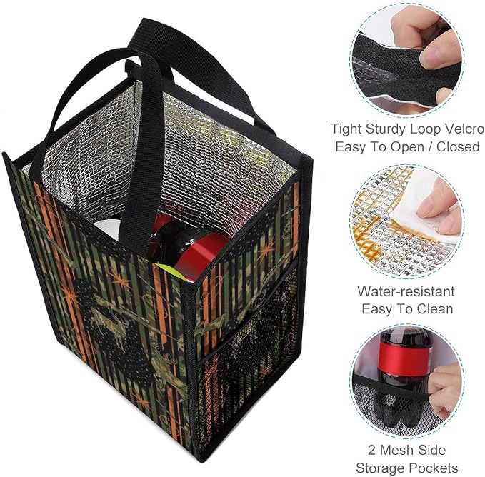 Portable Lunch Bag for Adults Reusable Thermal Lunch Totes Compatible with Camouflage Fall Hunting Deer Camo American Flag Insulated Lunchbox Food Containers Organizer