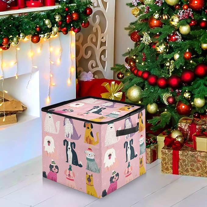 OTVEE Christmas Ornament Storage Box Holiday Decoration Organizer Stores upto 64 Holiday Ornaments Adjustable Dividers Tear-Proof Fabric Festive Pet Whimsy