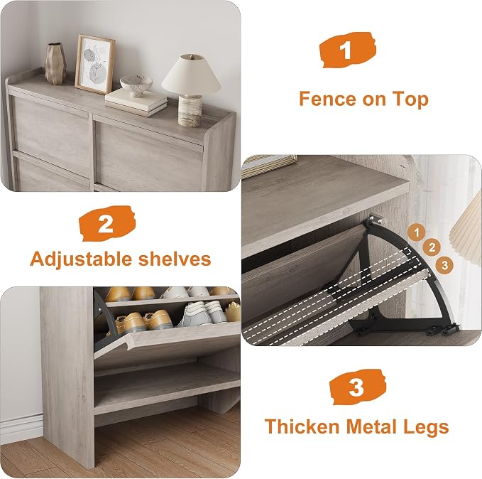 GarveeHome Shoe Cabinet with 4 Flip Drawers, Wooden Shoe Organizer Cabinet with Adjustable Shelf, Shoe Storage for Entryway, Hidden Shoe Cabinet for Hallway, Living Room, Grey