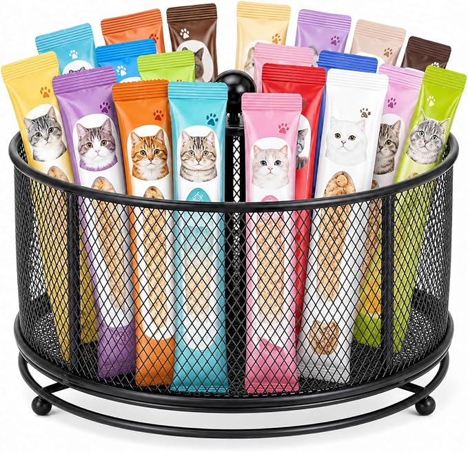 Lickable Cat Treats Organizer, Lazy Susan Cat Treat Holder with 4 Divided Compartments, Round Metal Mesh Rotating Pet Storage Basket for Squeeze Up Treats, Snacks and Countertop